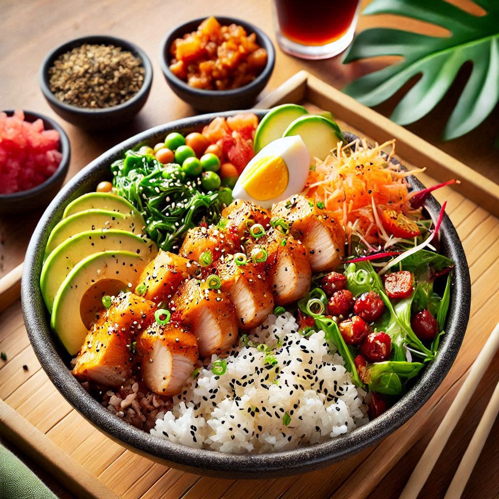 poke bowl with chicken, rice, and salad