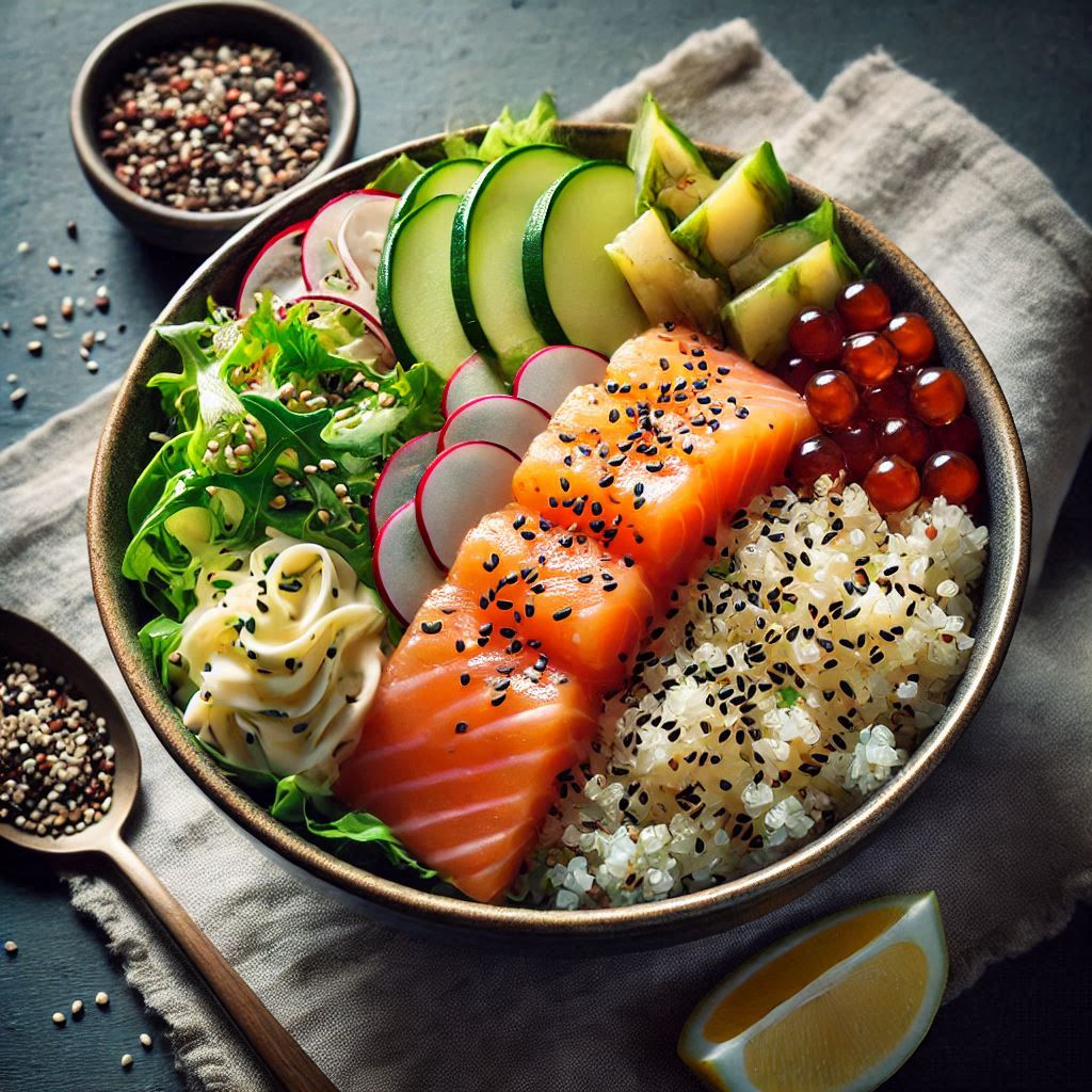 poke bowl with salad, salmon, and quinoa with visible quinoa